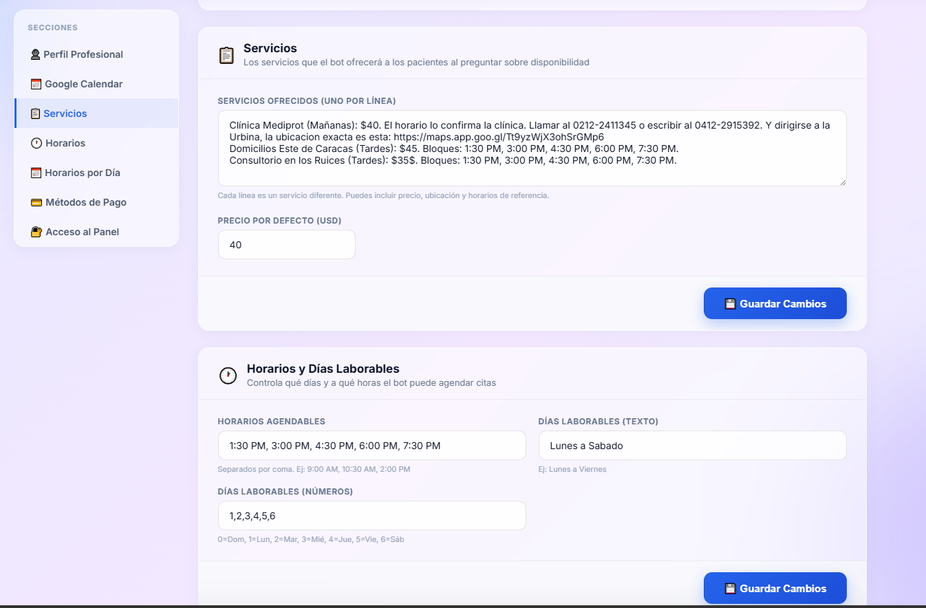 Vista de configuracion de servicios y horarios
